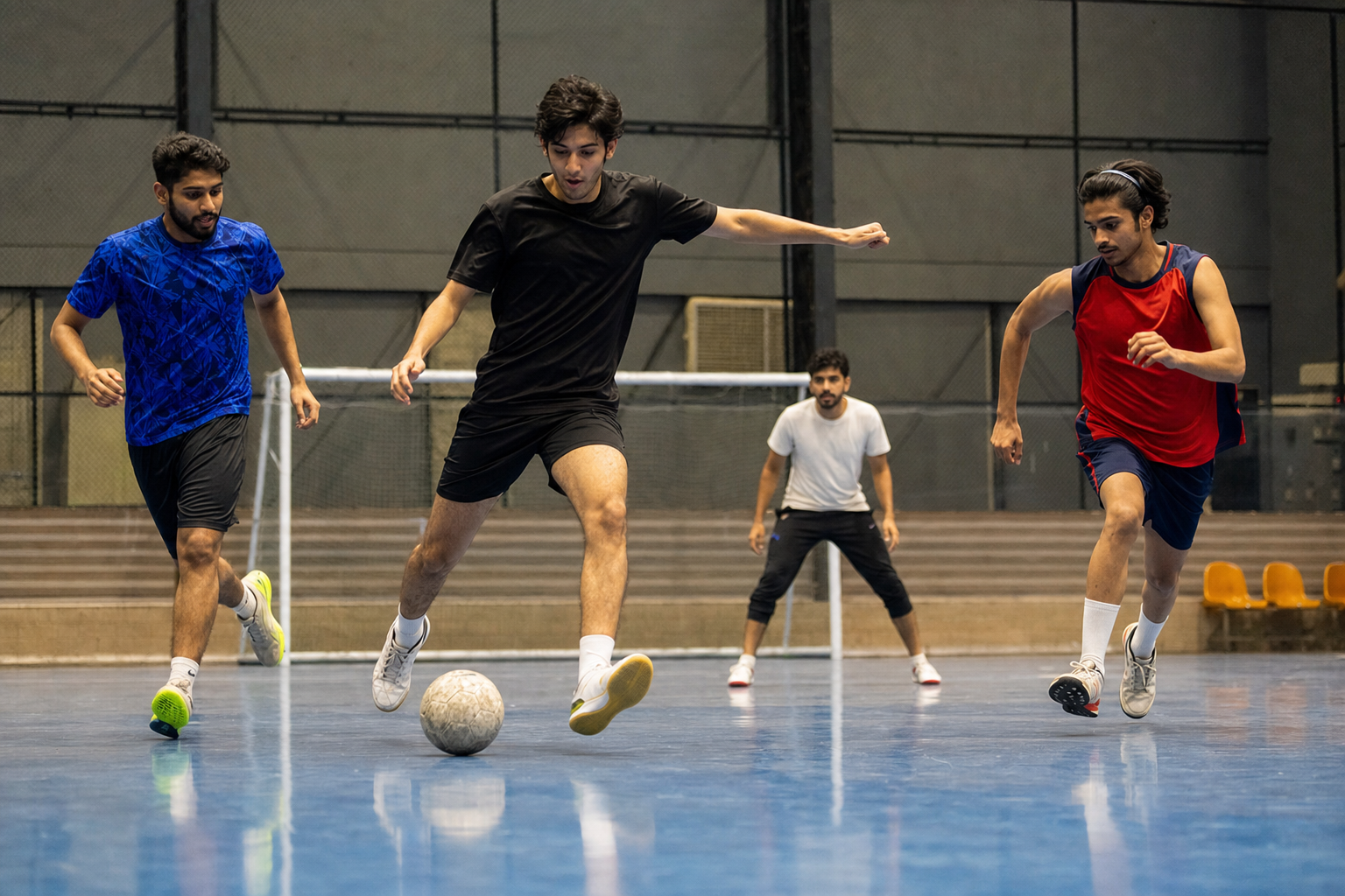 Friends playing futsal on an indoor court in Karachi